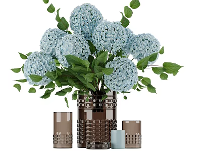 Light Blue Hydrangeas with Green Leaves in Brown Vase and Small Containers 3d model