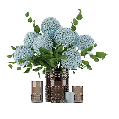 Light Blue Hydrangeas with Green Leaves in Brown Vase and Small Containers 3d model