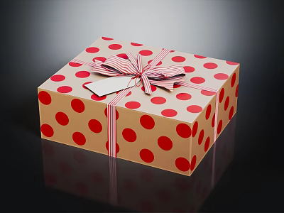 Decorative Brown Gift Box With Red Polka Dots Striped Ribbon And Attached Tag 3d model