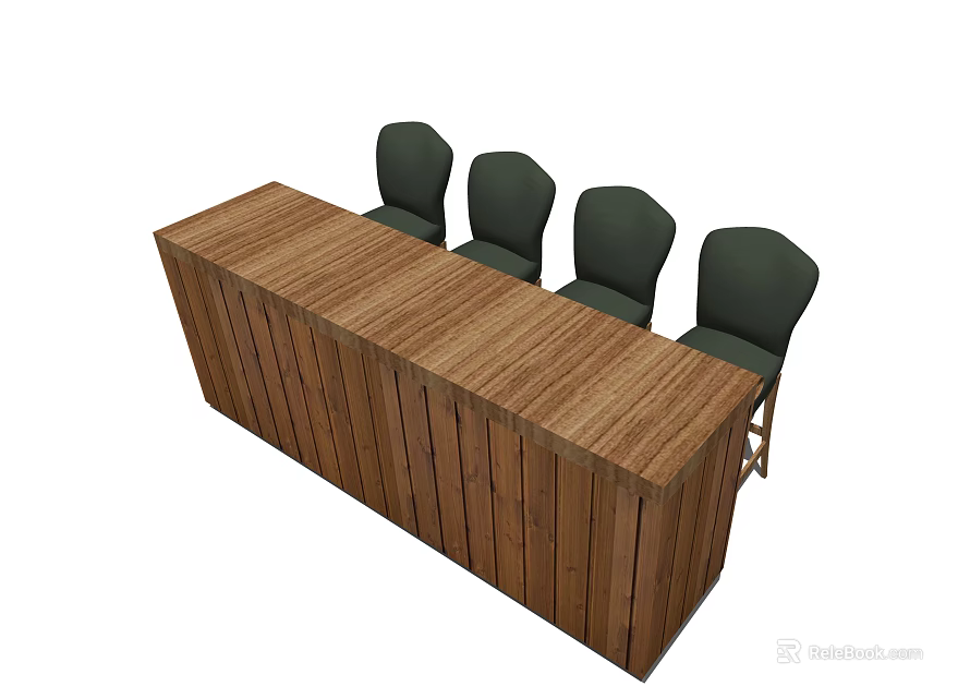 Rustic Wooden Bar Interior With Long Counter And Four Green Chairs 3d model 