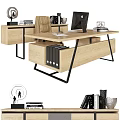Modern Office Desk With Computer Monitor Keyboard Mouse Ergonomic Chair And Storage Cabinet