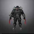 Man Wearing Dark Armor With Hat Cloak And Red Bladed Weapons
