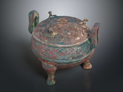 Ancient Bronze Vessel With Lid Three Legs Side Handles And Intricate Patterns 3d model