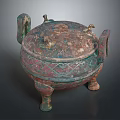 Ancient Bronze Vessel With Lid Three Legs Side Handles And Intricate Patterns 3d model