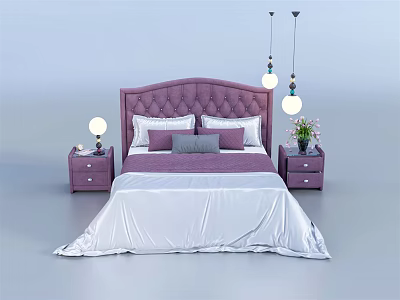 Elegant Purple Upholstered Double Bed with White Bedspread Nightstands Table Lamps and Pendant Lights 3d model