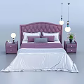 Elegant Purple Upholstered Double Bed with White Bedspread Nightstands Table Lamps and Pendant Lights