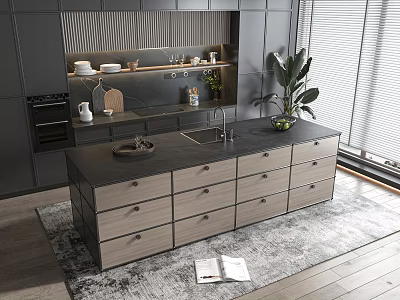 Modern Kitchen Bar Counter With Gray Drawers Marble Top Sink Potted Plant And Window 3d model