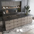 Modern Kitchen Bar Counter With Gray Drawers Marble Top Sink Potted Plant And Window