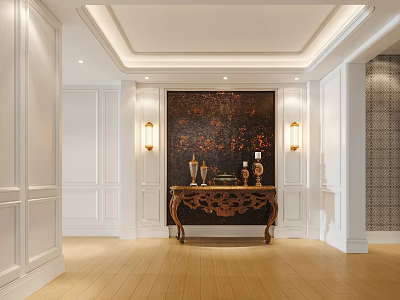 Elegant Foyer Hallway With White Wainscoting And Classic Console Table 3d model