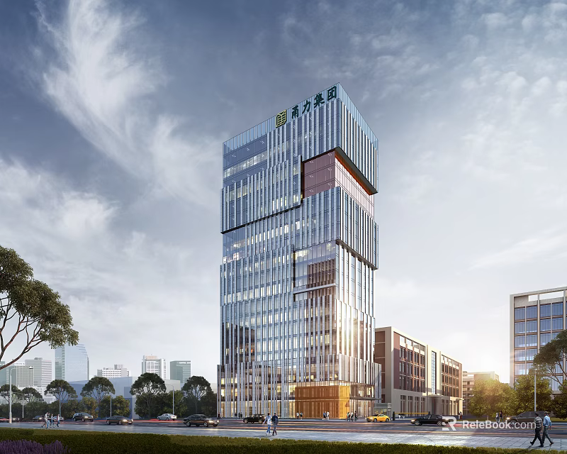 Modern Industrial Factory Building With Glass Curtain Walls High Rise Structure And Surrounding Trees 3d model 