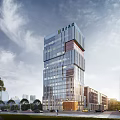 Modern Industrial Factory Building With Glass Curtain Walls High Rise Structure And Surrounding Trees