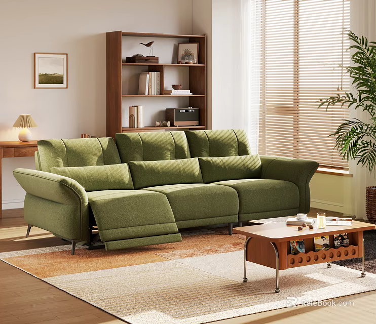 Green Modern Sofa And Wooden Coffee Table Set With Blinds Plant Bookshelf And Rug 3d model 