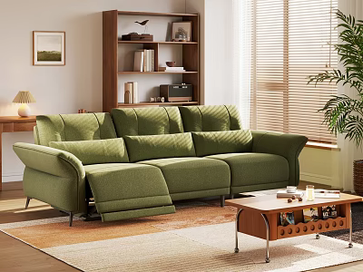 Green Modern Sofa And Wooden Coffee Table Set With Blinds Plant Bookshelf And Rug 3d model
