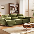 Green Modern Sofa And Wooden Coffee Table Set With Blinds Plant Bookshelf And Rug
