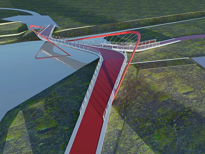 Modern Landscape Bridge Curved Design With Red Deck White Railings Over Water And Greenery 3d model