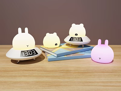 Cute Cartoon Animal Shaped Table Lamps With Digital Clock Display On Wooden Table 3d model