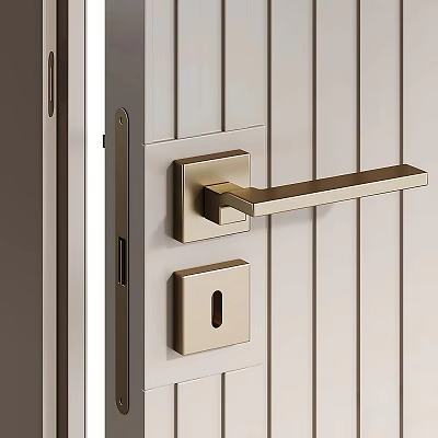 Modern Interior Swing Door With Sleek Metallic Handle And Vertical Panel Lines 3d model