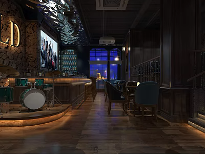 Modern Bar Interior Design With Wooden Counter Seating And Ambient Lighting 3d model
