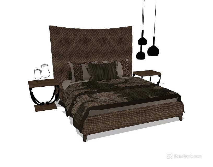 Double Bed with Brown Textured Headboard Plush Bedding and Nightstands with Hanging Pendant Lights 3d model 