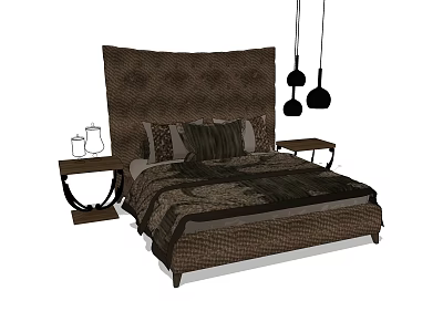 Double Bed with Brown Textured Headboard Plush Bedding and Nightstands with Hanging Pendant Lights 3d model