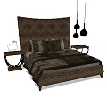 Double Bed with Brown Textured Headboard Plush Bedding and Nightstands with Hanging Pendant Lights