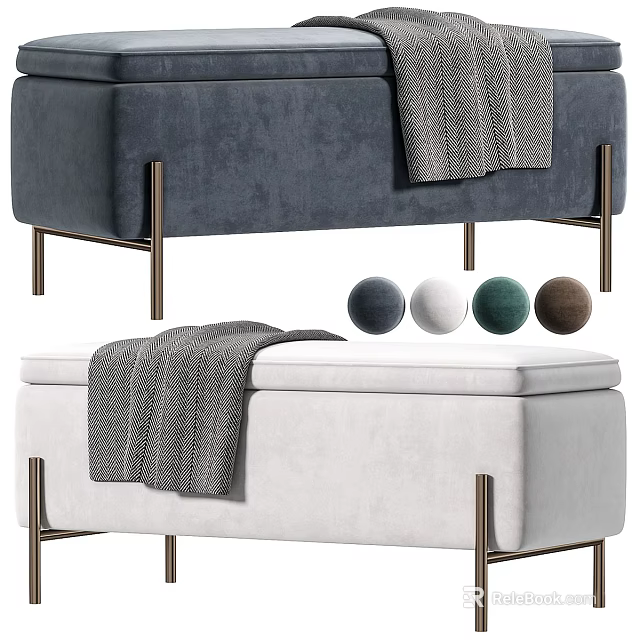 Modern Blue and White Ottoman Bench with Metallic Legs Blanket and Multi Color Cushions 3d model 