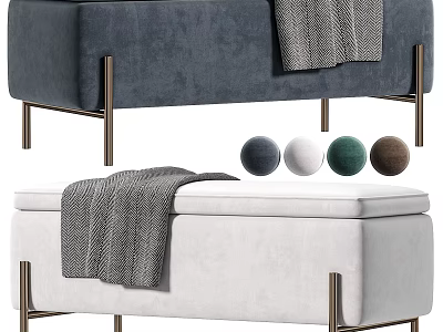 Modern Blue and White Ottoman Bench with Metallic Legs Blanket and Multi Color Cushions 3d model