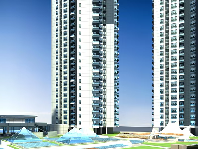 Garden Landscape Design Surrounding High Rise Residential Towers With Water Features And Green Lawns 3d model