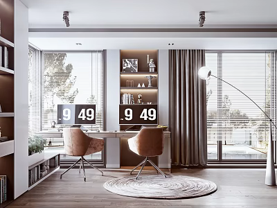 Modern Study Room Interior Design With Wooden Desk Comfortable Chair Bookshelf And Large Window 3d model