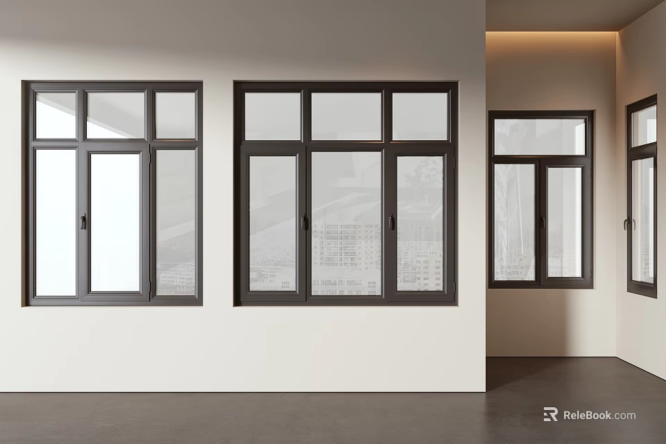 Modern Black Frame Casement Windows With Clear Glass On White Interior Wall 3d model 
