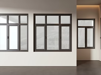 Modern Black Frame Casement Windows With Clear Glass On White Interior Wall 3d model