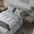 Modern Gray Bedroom Interior With Bed Nightstands Window Wall Art And Glass Partition Bathroom