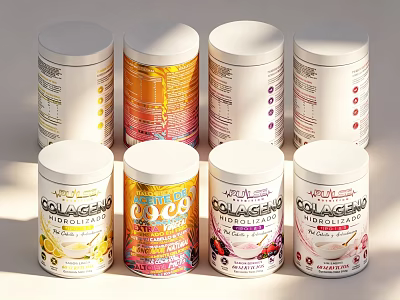 Various Nutritional Protein Powder Cans Featuring Collagen Cocoa And Colorful Labels 3d model