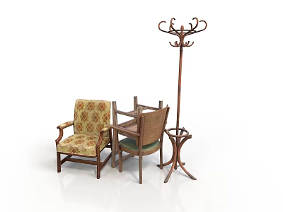 Classic Patterned Single Sofa with Wooden Side Table and Coat Rack for Living Room 3d model