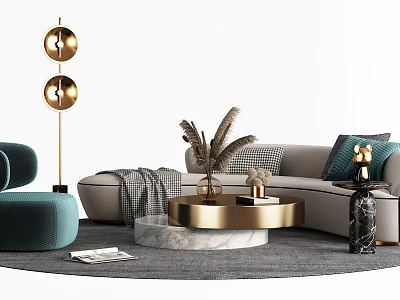 Gray Sofa and Gold Coffee Table Set with Teal Cushions Marble Accent and Decorative Plants 3d model