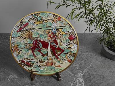 Decorative Ornament Set Featuring Qilin Pattern Golden Border Plate on Stand with Green Plant 3d model