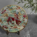 Decorative Ornament Set Featuring Qilin Pattern Golden Border Plate on Stand with Green Plant