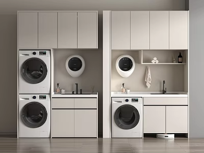 Modern Laundry Room Interior With Stacked Washing Machines And White Cabinets 3d model