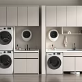 Modern Laundry Room Interior With Stacked Washing Machines And White Cabinets