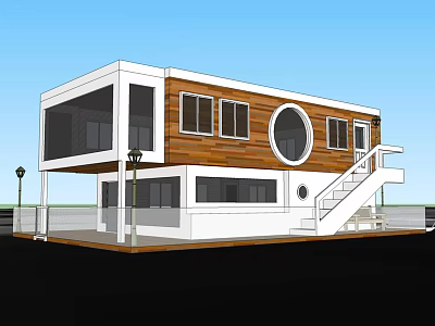 Modern Detached House with Wooden Panels Large Glass Windows Circular Window and Staircase Balcony 3d model