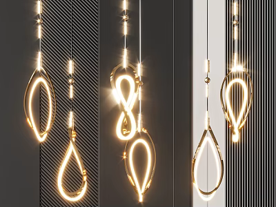 Modern Hanging Chandeliers With Unique Geometric Shapes Metallic Illuminated Design And Dark Striped Background 3d model