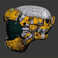 Futuristic Yellow And Silver Metallic Helmet With Transparent Visor And Mechanical Details