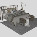 Elegant Double Bed With Upholstered Headboard Pillows Nightstands And Bench On Patterned Rug