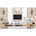 Rustic TV Background Wall with White Brick Accent Patterned Stone Tiles and Wooden Console 3d model