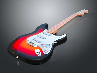 Vibrant Sunburst Electric Guitar With Wooden Neck And White Pickguard On Black Reflective Surface 3d model