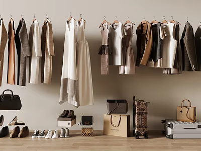 Various Style Clothes Hanging on Hangers with Bags Shoes and Luggage 3d model