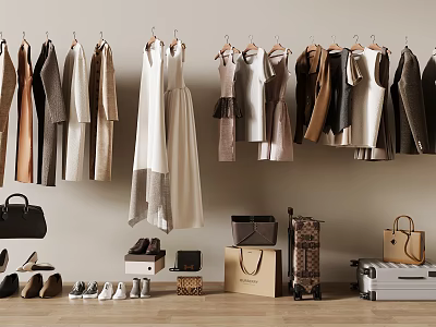Various Style Clothes Hanging on Hangers with Bags Shoes and Luggage 3d model Various Style Clothes Hanging on Hangers with Bags Shoes and Luggage 3d model