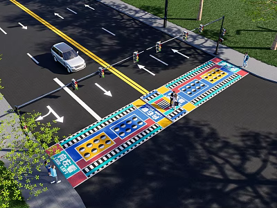 Traffic Signs On Urban Road With Colorful Zebra Crossing Directional Arrows Pedestrians And Vehicles 3d model