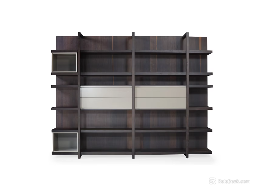 Modern Dark Wood Bookcase With Multiple Shelves And Metal Panel Design 3d model 