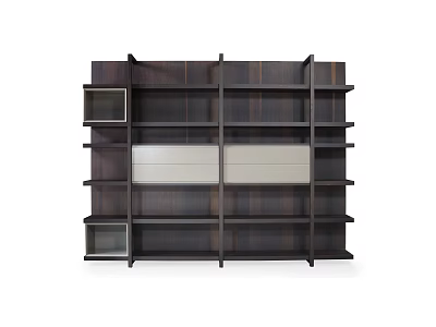 Modern Dark Wood Bookcase With Multiple Shelves And Metal Panel Design 3d model